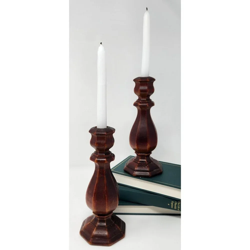 Vintage Hand Carved Wood‎ Taper Candle Holder Candlestick Pair 8